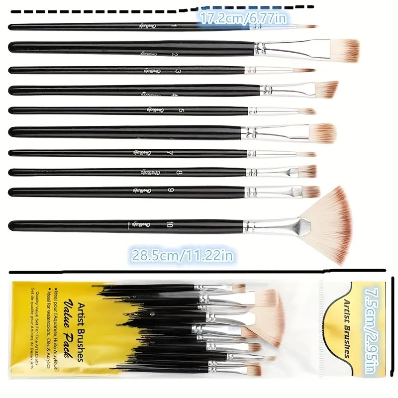 10pc Set of Versatile Nylon Brushes  Perfect for Art Gifts