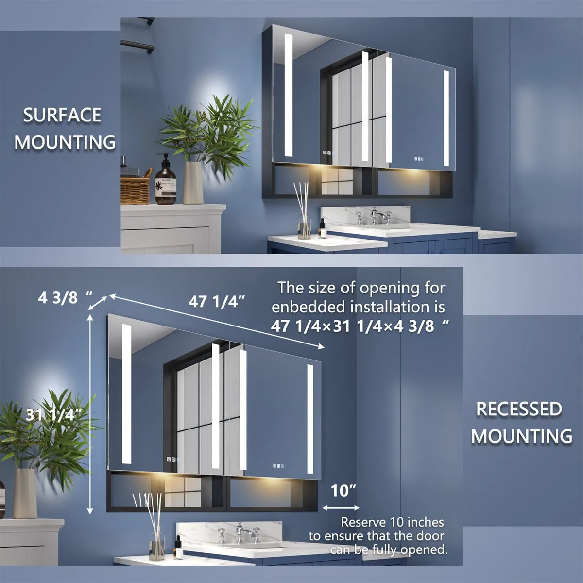 Ample 48" W x 32" H Bathroom Medicine Cabinet with Mirror and Lights Recessed or Surface Mount,Defog