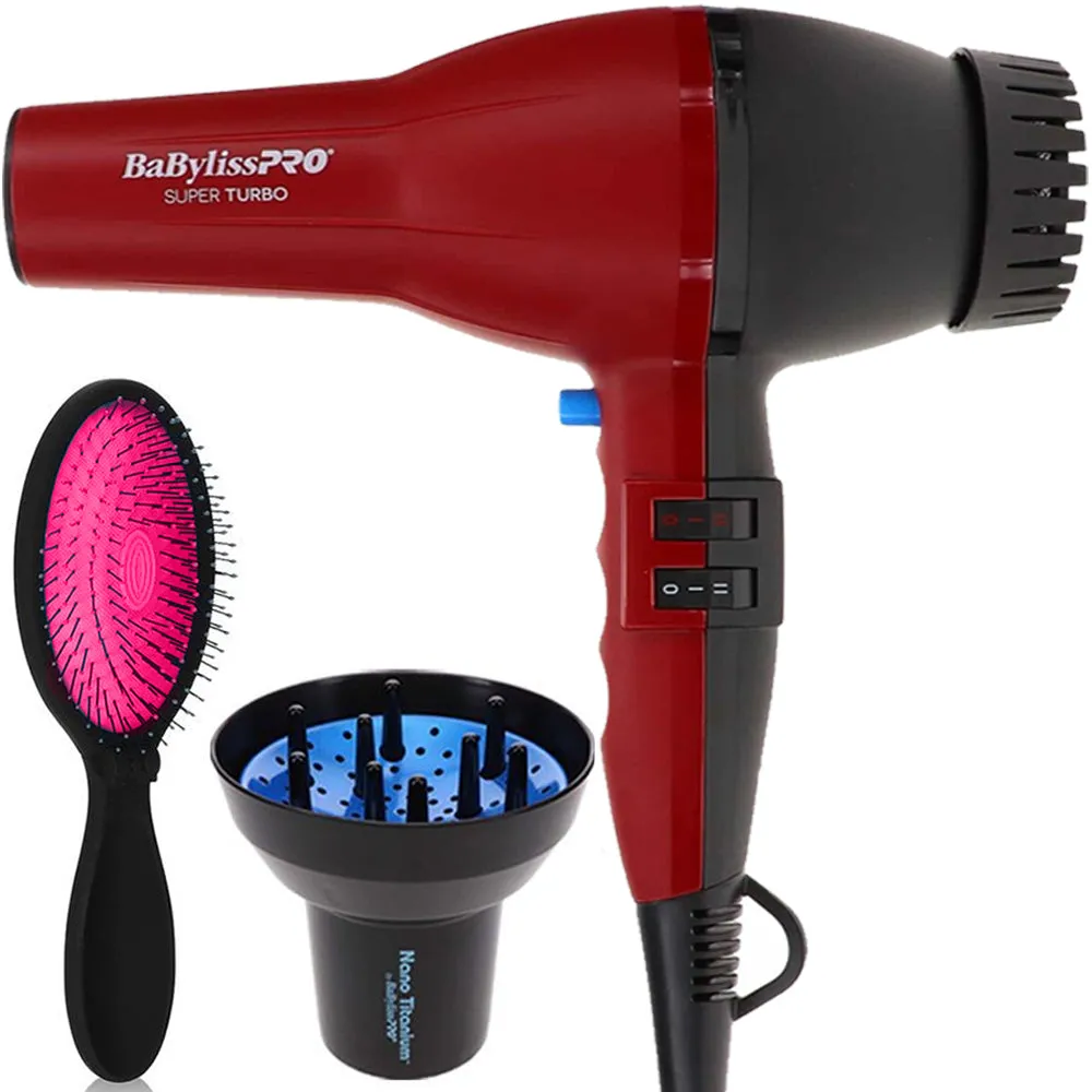 BaBylissPRO 2000 Watt Super Turbo Hair Dryer   Universal Finger Diffuser   Wet Brush