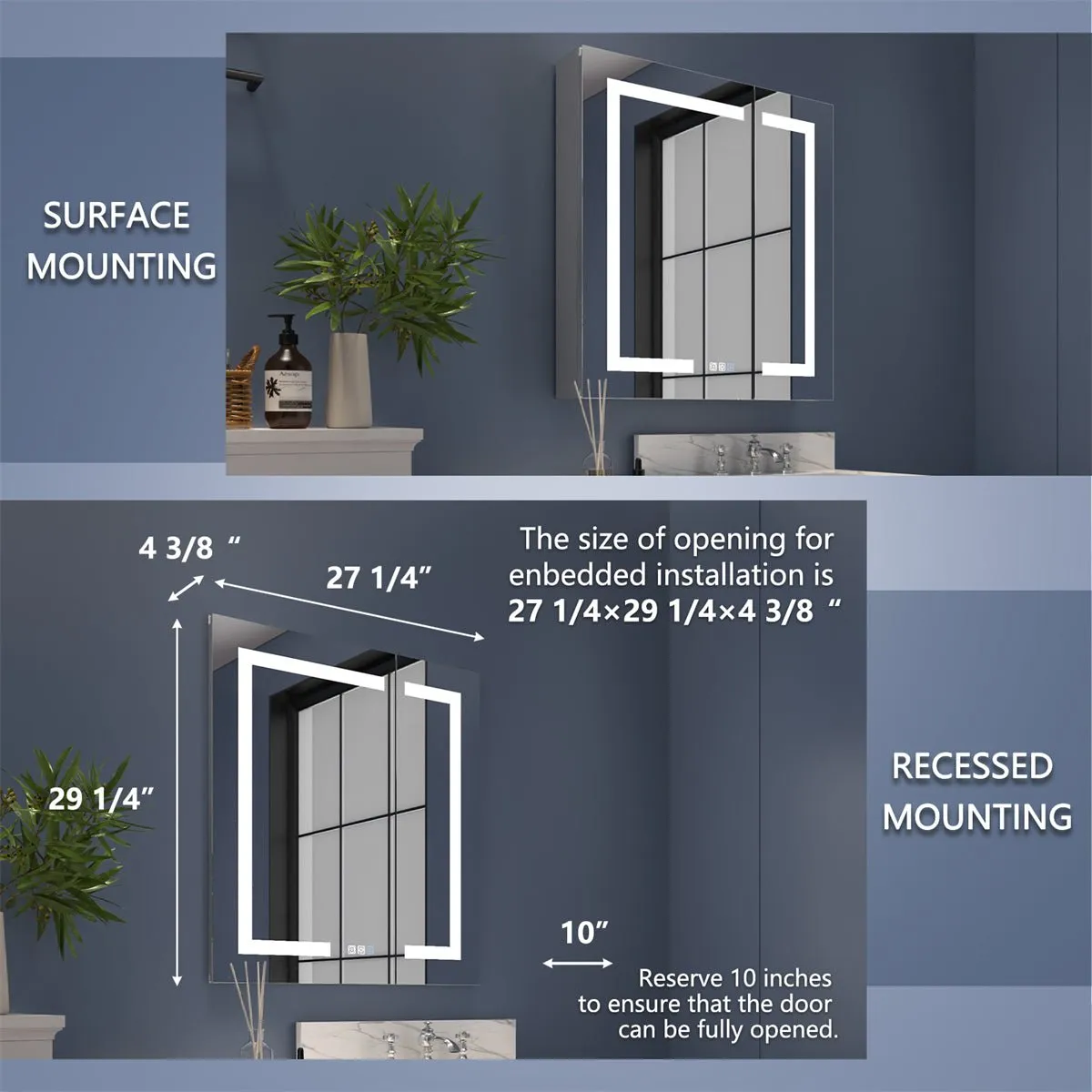 Boost-M1 28" W x 30" H Light Medicine Cabinet Recessed or Surface Mount Aluminum Adjustable Shelves Vanity Mirror Cabinet