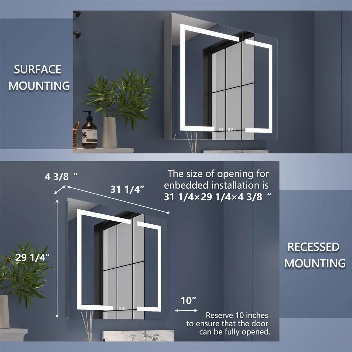 Boost-M1 32" W x 30" H Light Medicine Cabinet Recessed or Surface Mount Framed Aluminum Adjustable Shelves Vanity Mirror Cabinet