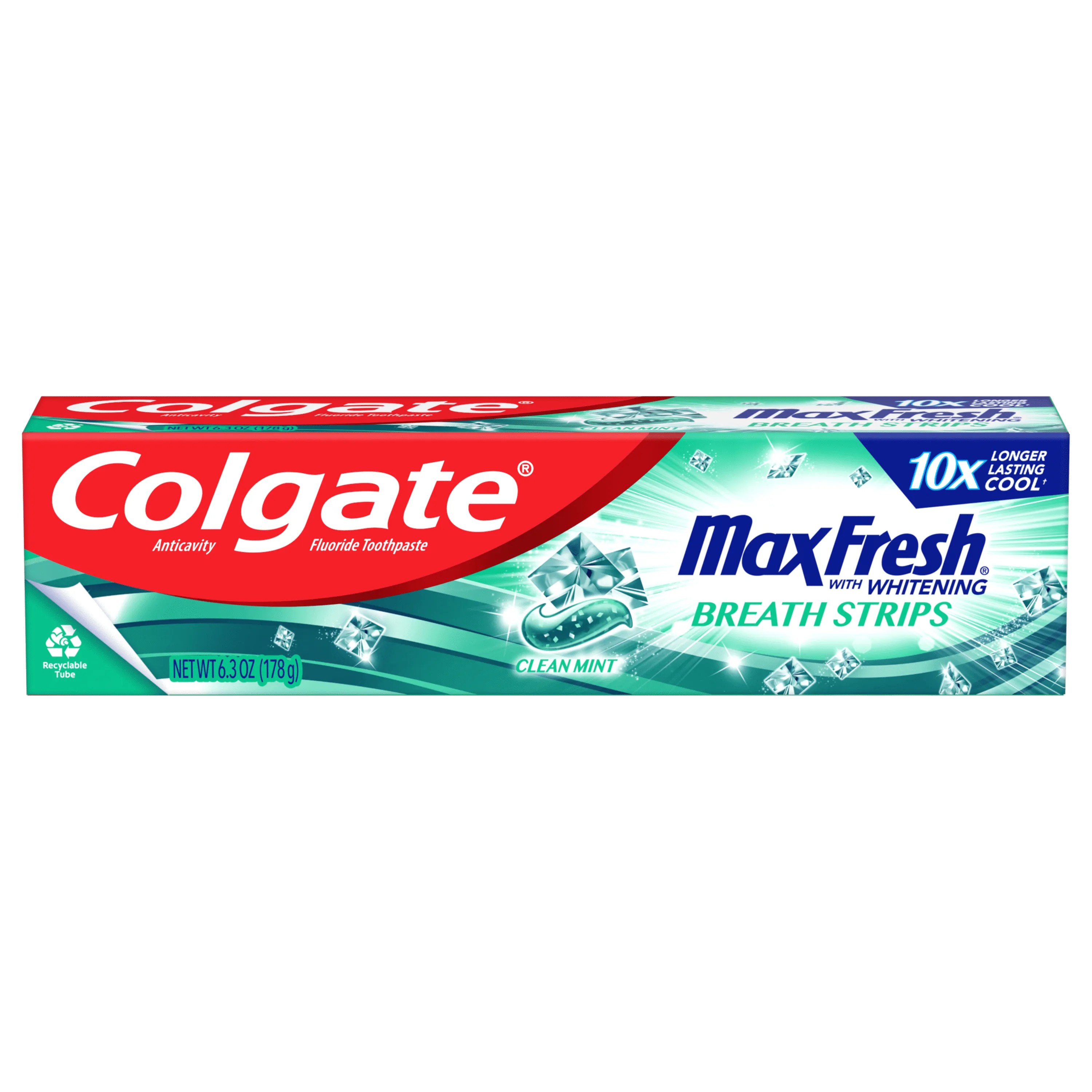 Colgate Max Fresh Toothpaste, Whitening Toothpaste with Mini Breath Strips, Clean Mint, 6.3 oz Tube