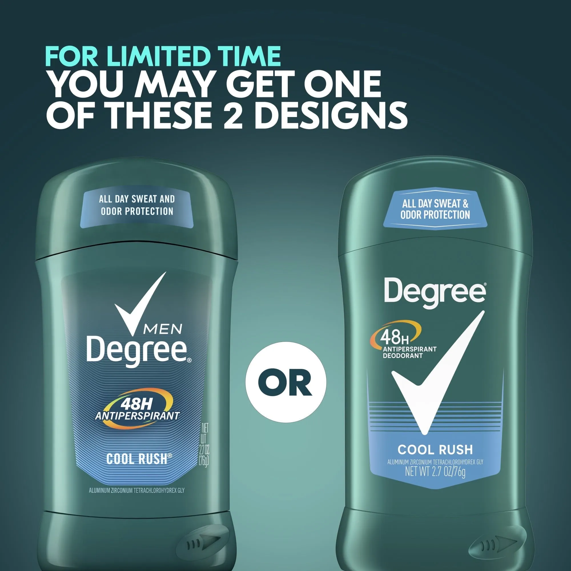 Degree Long Lasting Men's Antiperspirant Deodorant Stick Twin Pack, Cool Rush, 2.7 oz