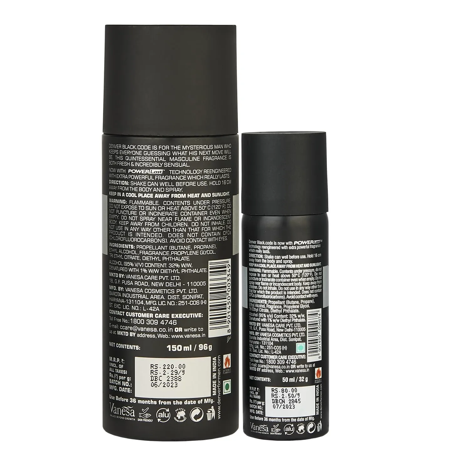 DENVER Black Code Deo - 150ML & Black Code Nano - 50ML - Combo Set of 2 | Long Lasting Deodorant Body Spray - For Men