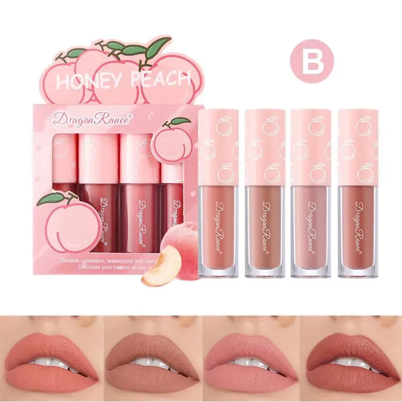 Dragon Ranee Peach 4 Pcs Velvet Matte Waterproof Lip Stick Set (B) 2.5g x 4pcs D6008