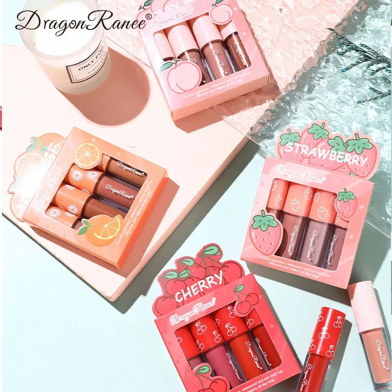 Dragon Ranee Peach 4 Pcs Velvet Matte Waterproof Lip Stick Set (B) 2.5g x 4pcs D6008