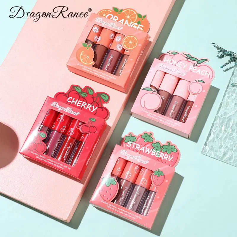 Dragon Ranee Peach 4 Pcs Velvet Matte Waterproof Lip Stick Set (B) 2.5g x 4pcs D6008