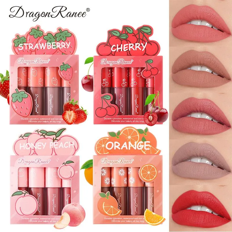 Dragon Ranee Peach 4 Pcs Velvet Matte Waterproof Lip Stick Set (B) 2.5g x 4pcs D6008