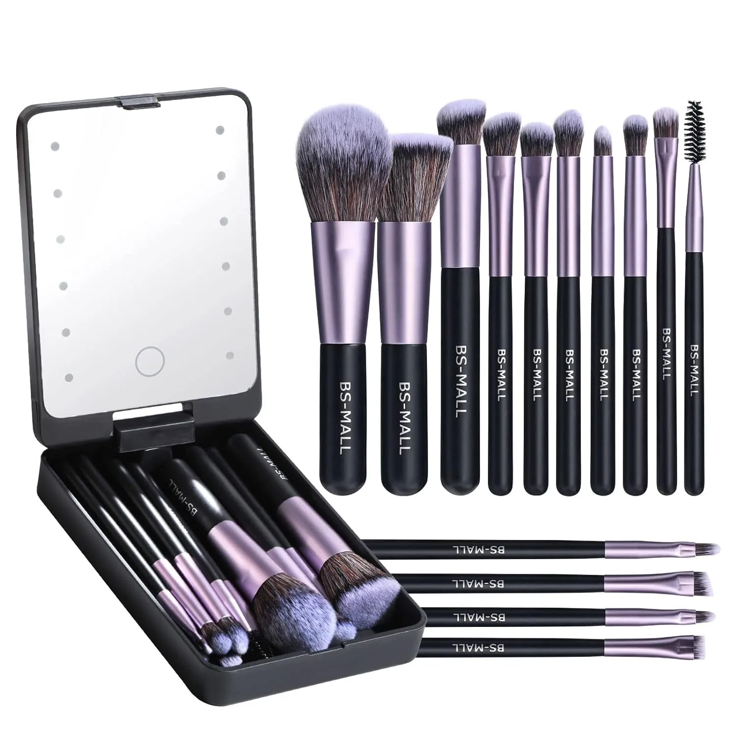 Eco-Friendly 14-Piece Travel Makeup Brush Set with LED Mirror for Flawless Application