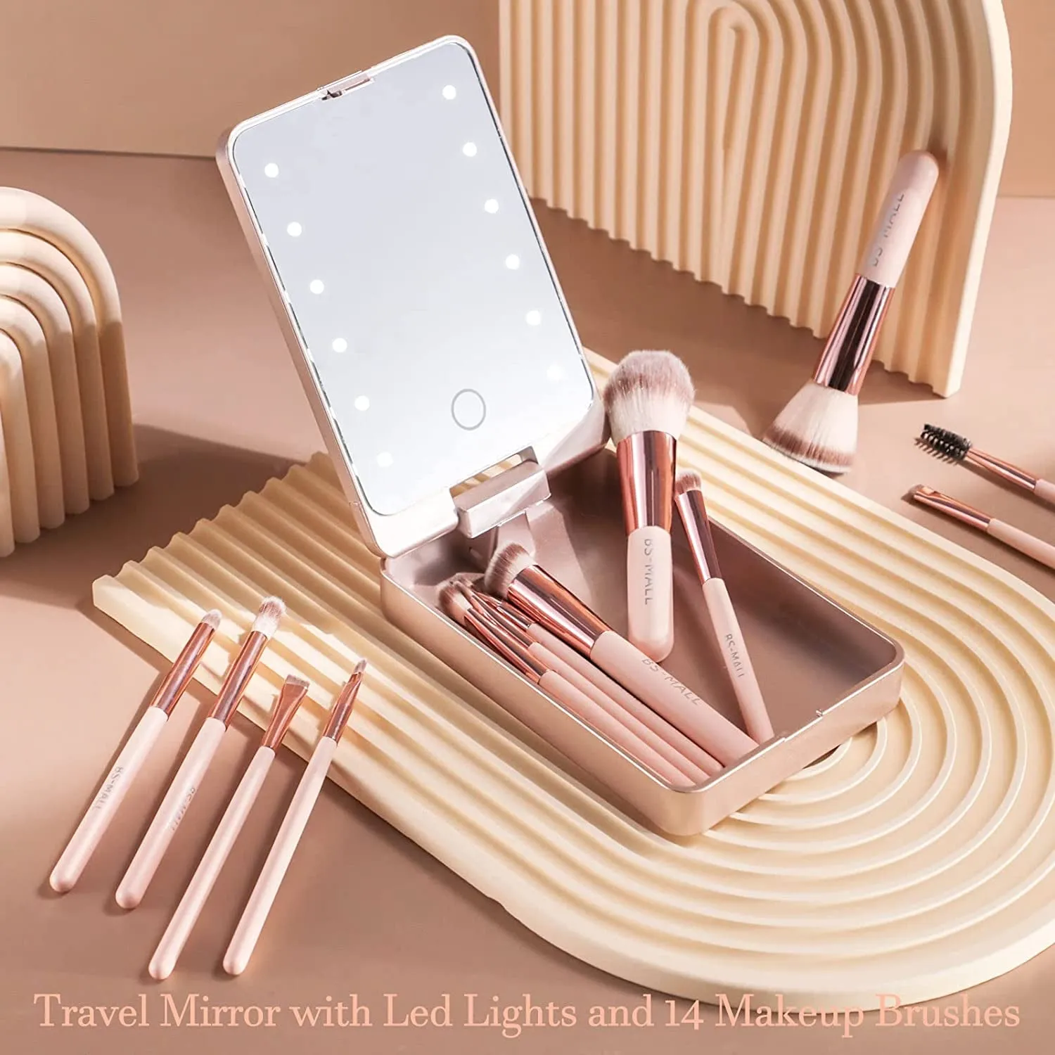 Eco-Friendly 14-Piece Travel Makeup Brush Set with LED Mirror for Flawless Application