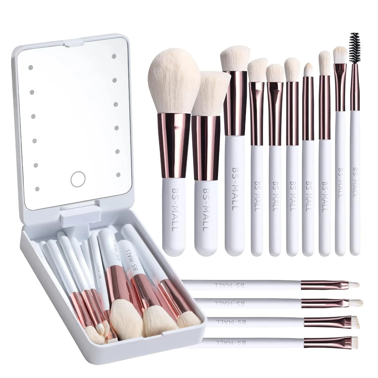 Eco-Friendly 14-Piece Travel Makeup Brush Set with LED Mirror for Flawless Application