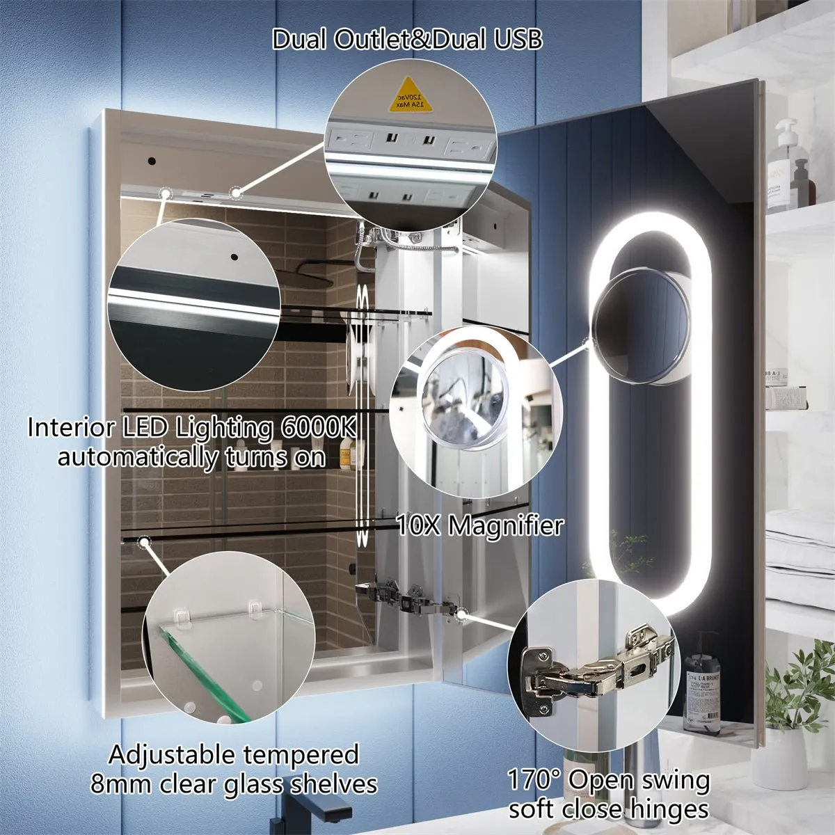 Illusion 20" x 32" LED Lighted Medicine Cabinet with Magnifiers Front and Back Light,Hinge on the Right