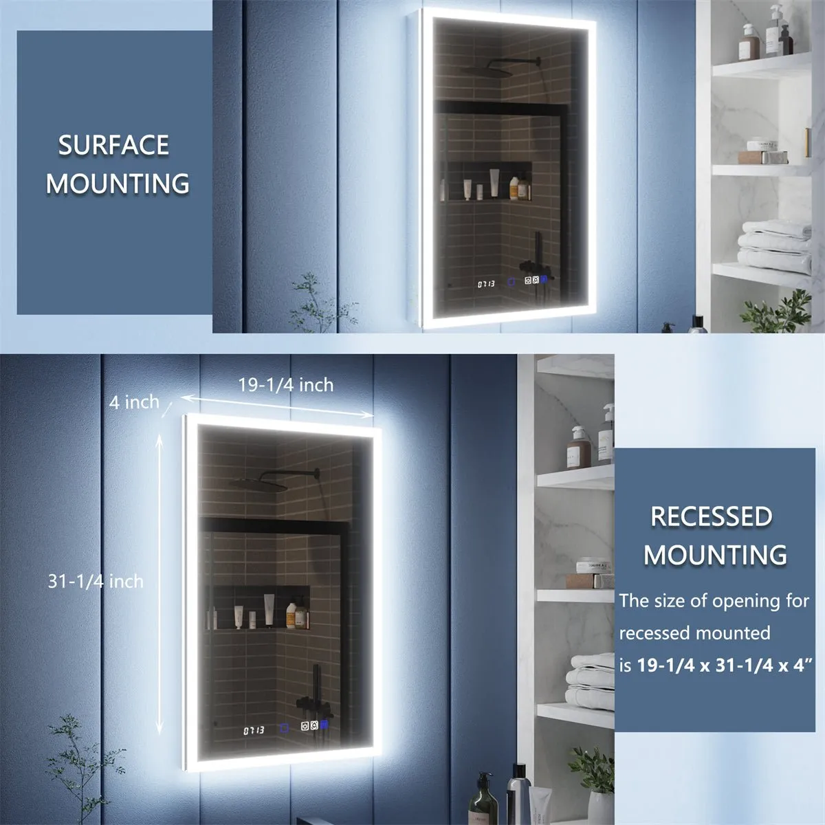 Illusion 20" x 32" LED Lighted Medicine Cabinet with Magnifiers Front and Back Light,Hinge on the Right