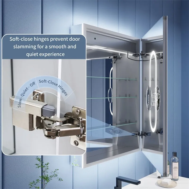 Illusion-B 24" x 32" LED Lighted Inset Mirrored Medicine Cabinet with Magnifiers Front and Back Light,Hinge on Right