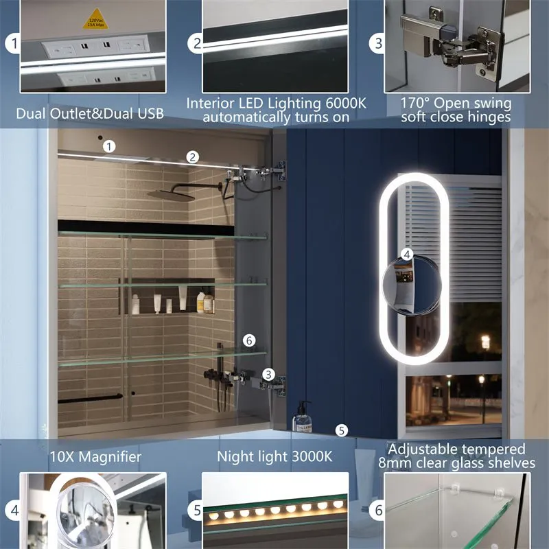 Illusion-B 24" x 32" LED Lighted Inset Mirrored Medicine Cabinet with Magnifiers Front and Back Light,Hinge on Right