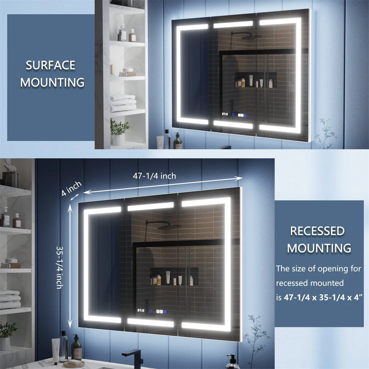 Illusion-B 48" x 36" LED Lighted Inset Mirrored Medicine Cabinet with Magnifiers Front and Back Light