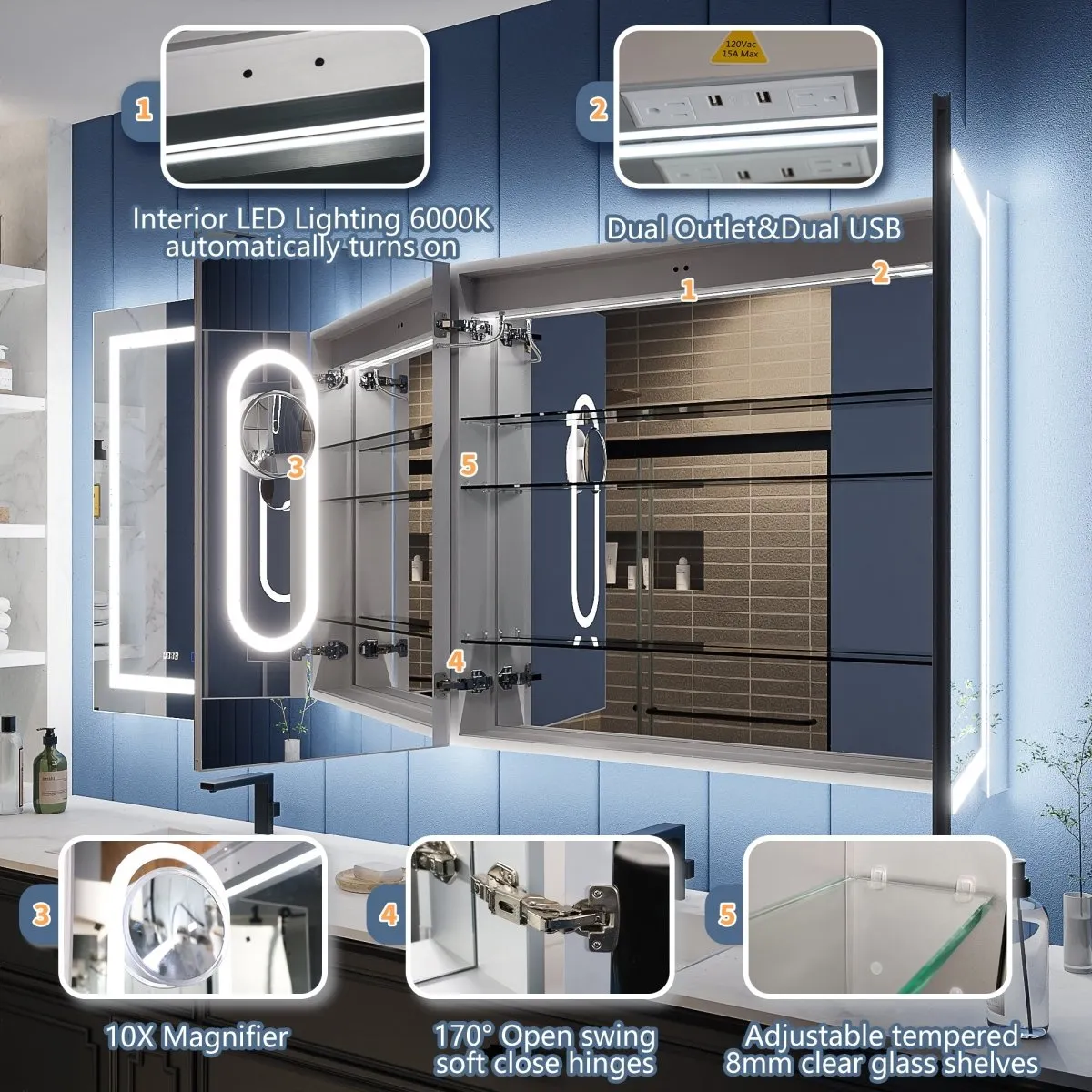 Illusion-B 84" x 36" LED Lighted Inset Mirrored Medicine Cabinet with Magnifiers Front and Back Light