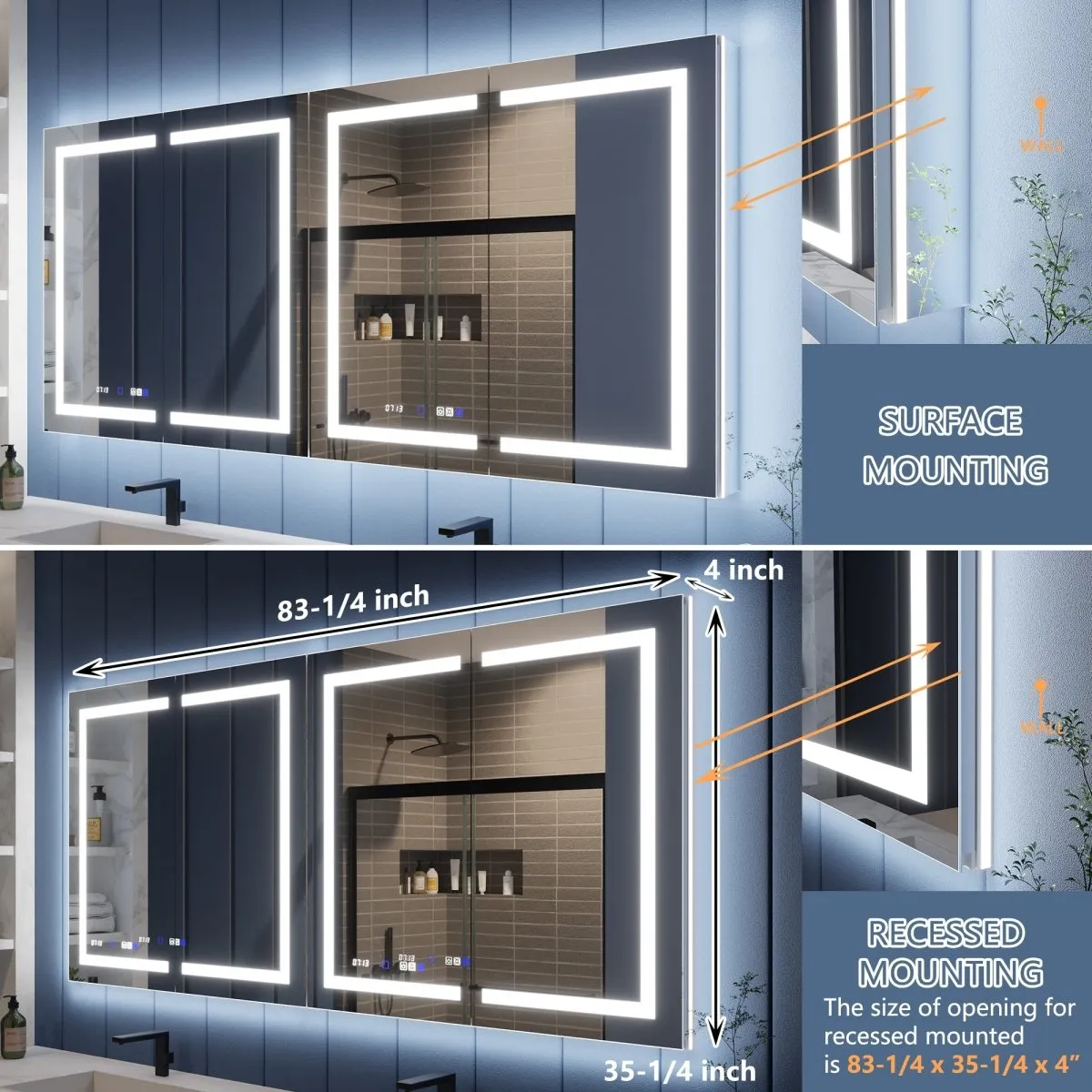 Illusion-B 84" x 36" LED Lighted Inset Mirrored Medicine Cabinet with Magnifiers Front and Back Light