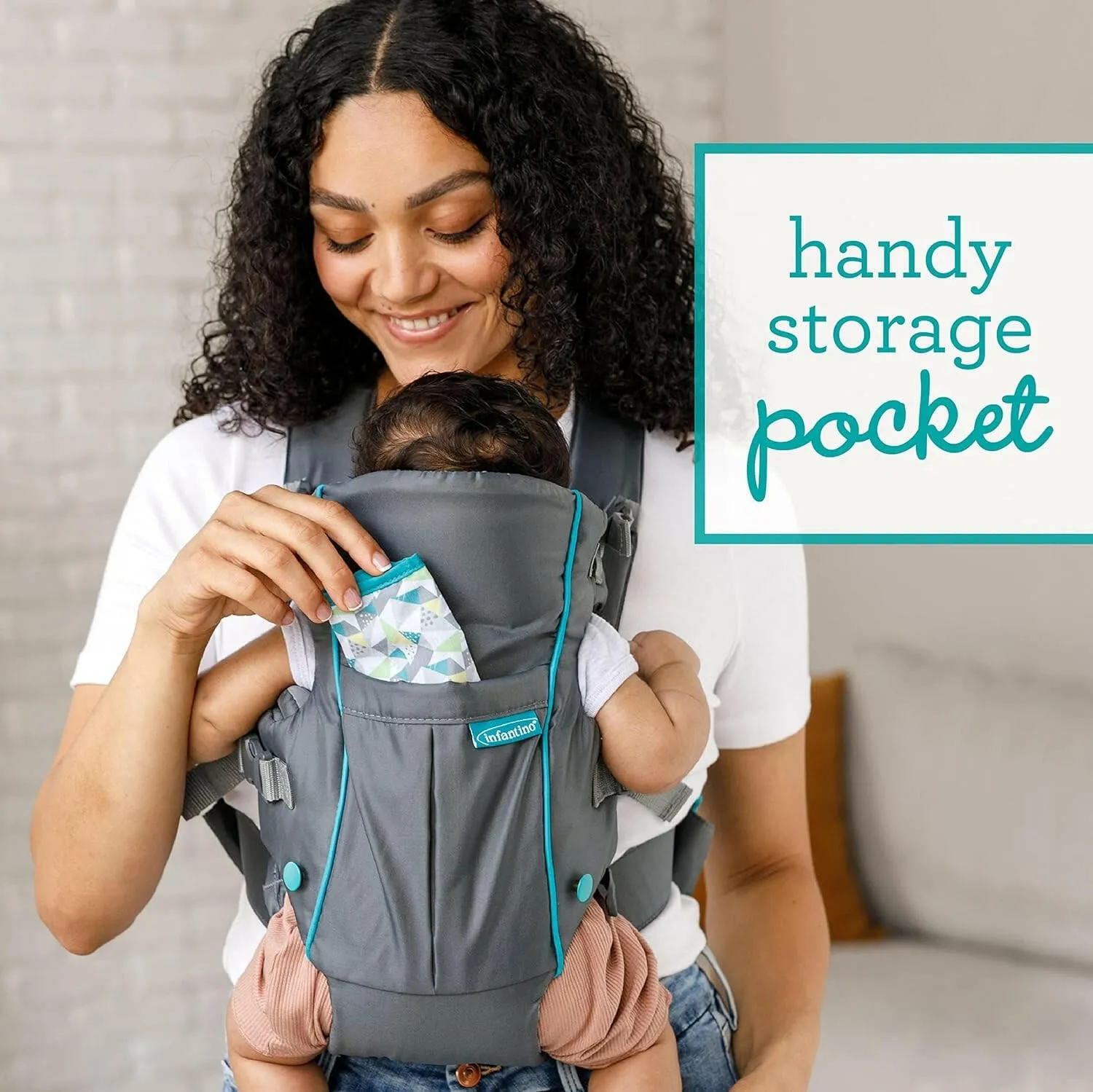 Infantino Swift Classic Carrier with Pocket - 2 Ways to Carry Grey Carrier with Wonder Bib & Essentials Storage Front Pocket, Adjustable Back Strap, Inside & Outward Facing, Easy to Clean Material