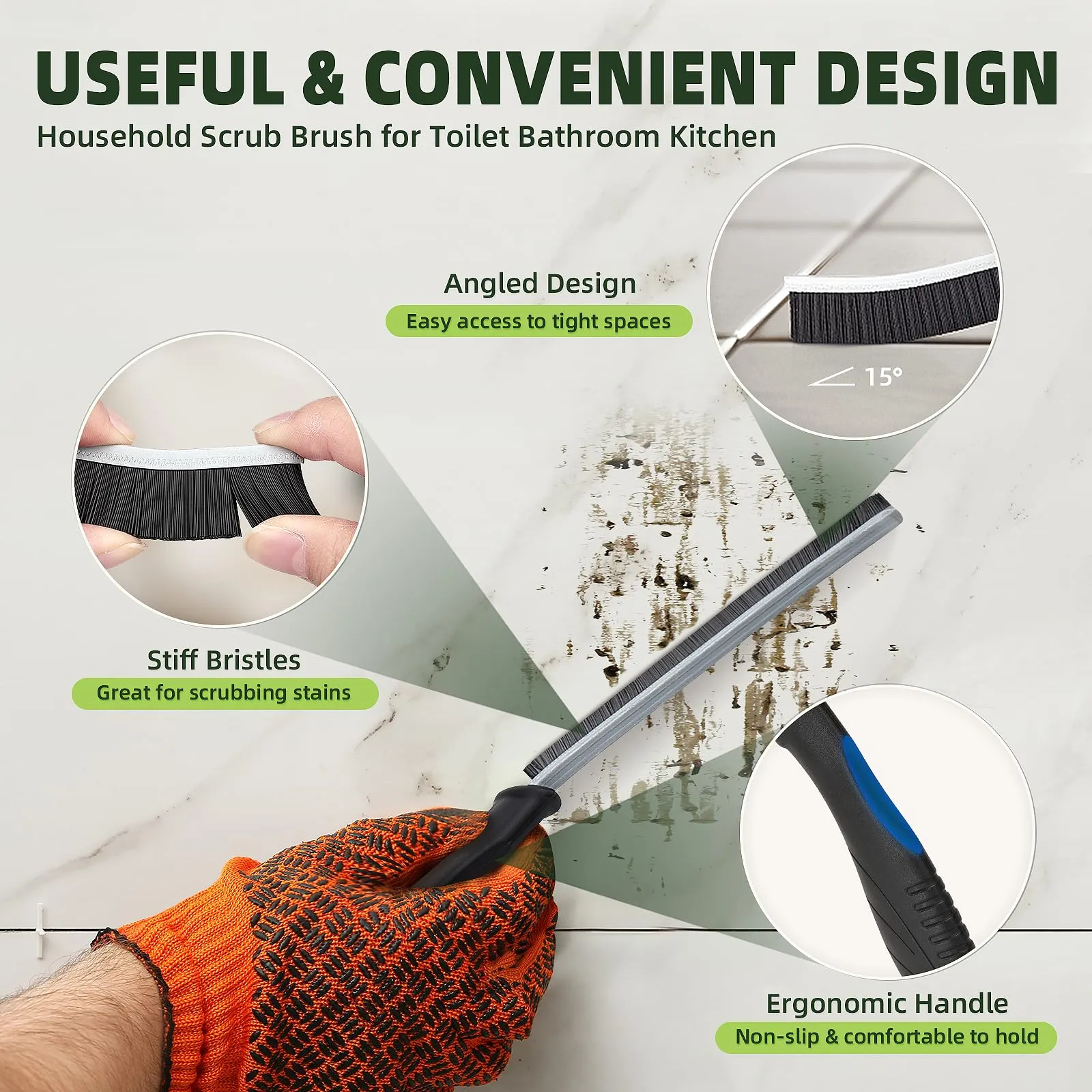 KMOSENIA Grout Cleaning Brush - Hard Bristle Crevice Cleaning Brush, Scrub Brush for Tile Grout Crevice, Toilet, Kitchen, Bathroom, Window Track, Vehicle, Faucets, Countertops, Grill, Home