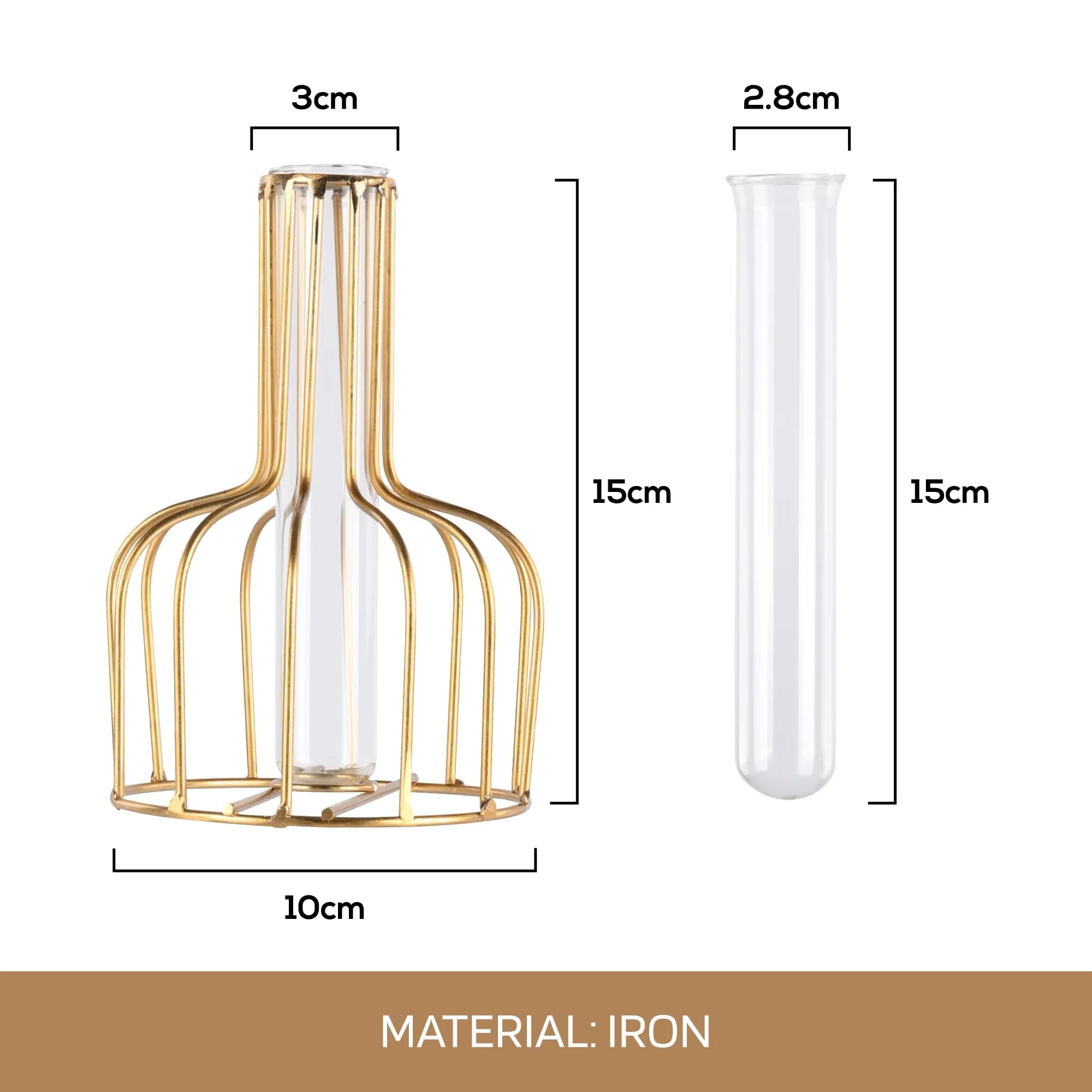 Kuber Industries (Set of 3) Metal Flower Vase Stand for Living Room Corner - Show Pieces for Dining Table - Comes with Glass Test Tube for Plants (Gold)