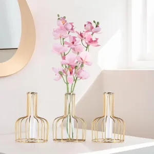 Kuber Industries (Set of 3) Metal Flower Vase Stand for Living Room Corner - Show Pieces for Dining Table - Comes with Glass Test Tube for Plants (Gold)