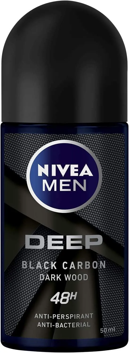 NIVEA MEN Antiperspirant Roll-on for Men, DEEP Black Carbon Antibacterial, Dark Wood Scent, 50ml