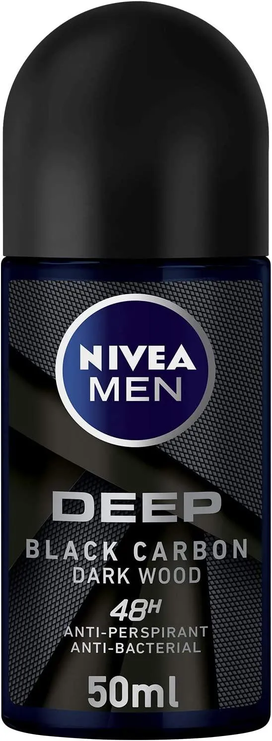 NIVEA MEN Antiperspirant Roll-on for Men, DEEP Black Carbon Antibacterial, Dark Wood Scent, 50ml