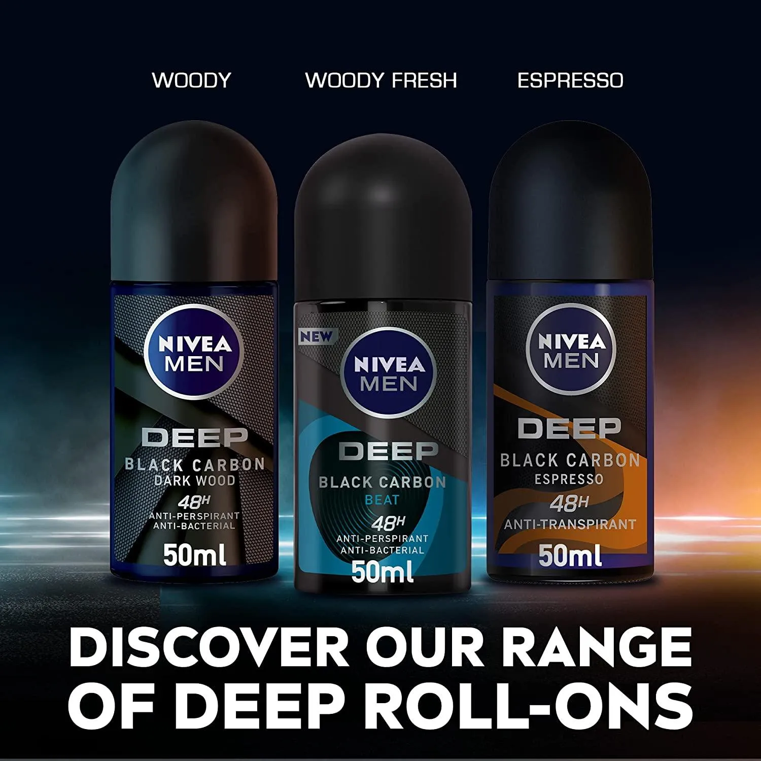 NIVEA MEN Antiperspirant Roll-on for Men, DEEP Black Carbon Antibacterial, Dark Wood Scent, 50ml