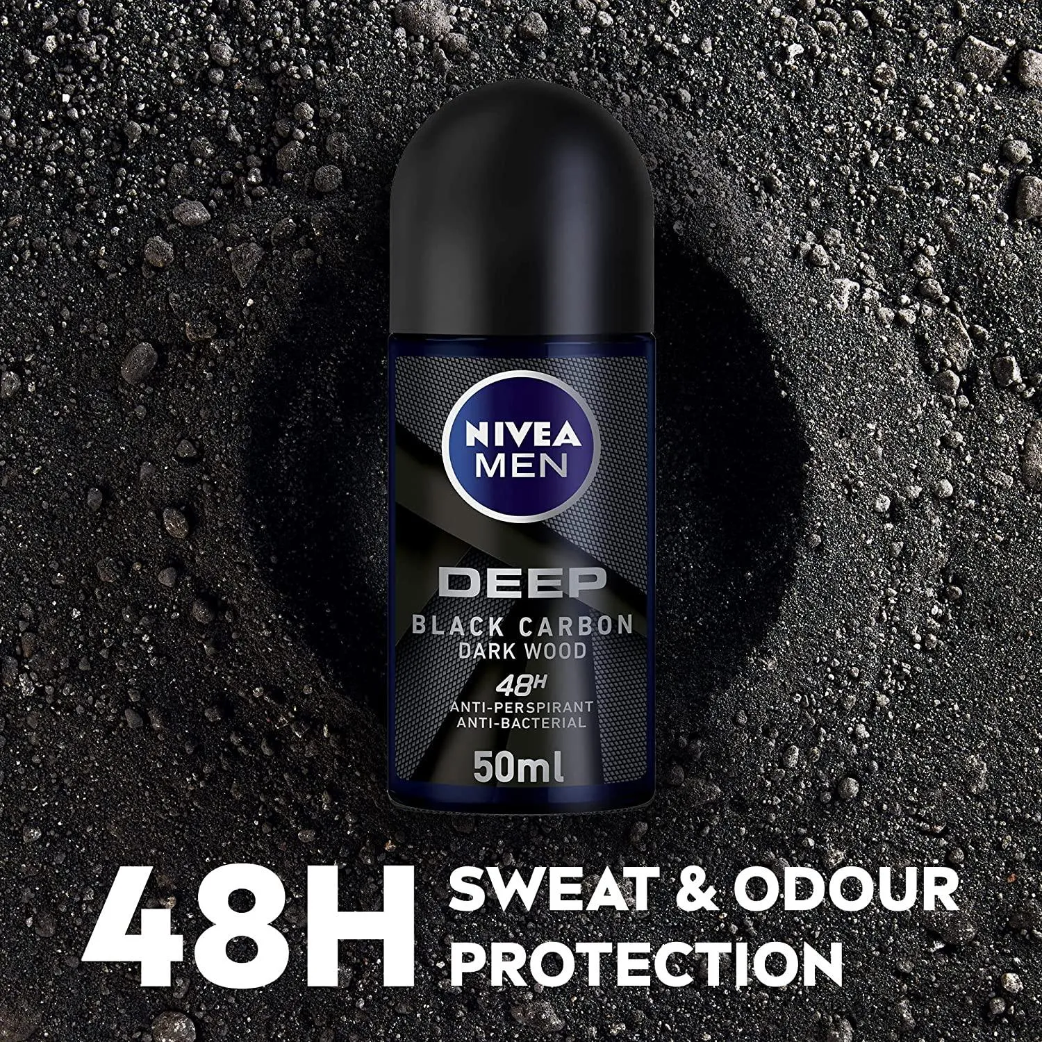 NIVEA MEN Antiperspirant Roll-on for Men, DEEP Black Carbon Antibacterial, Dark Wood Scent, 50ml