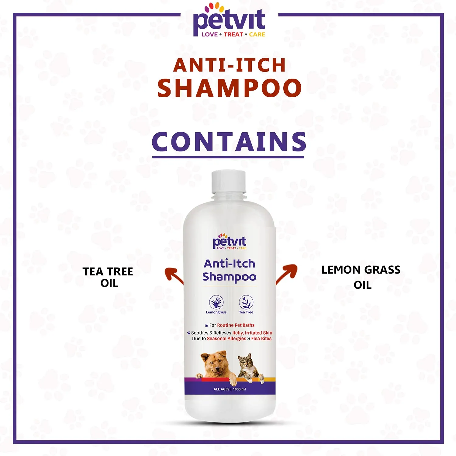 Petvit Anti Itch Shampoo | Tea Tree Oil & Lemon Grass Oil | Soothing Skin Care | Dogs and Cats - 1000ml