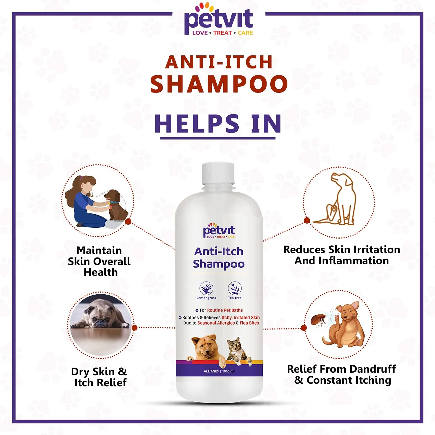 Petvit Anti Itch Shampoo | Tea Tree Oil & Lemon Grass Oil | Soothing Skin Care | Dogs and Cats - 1000ml