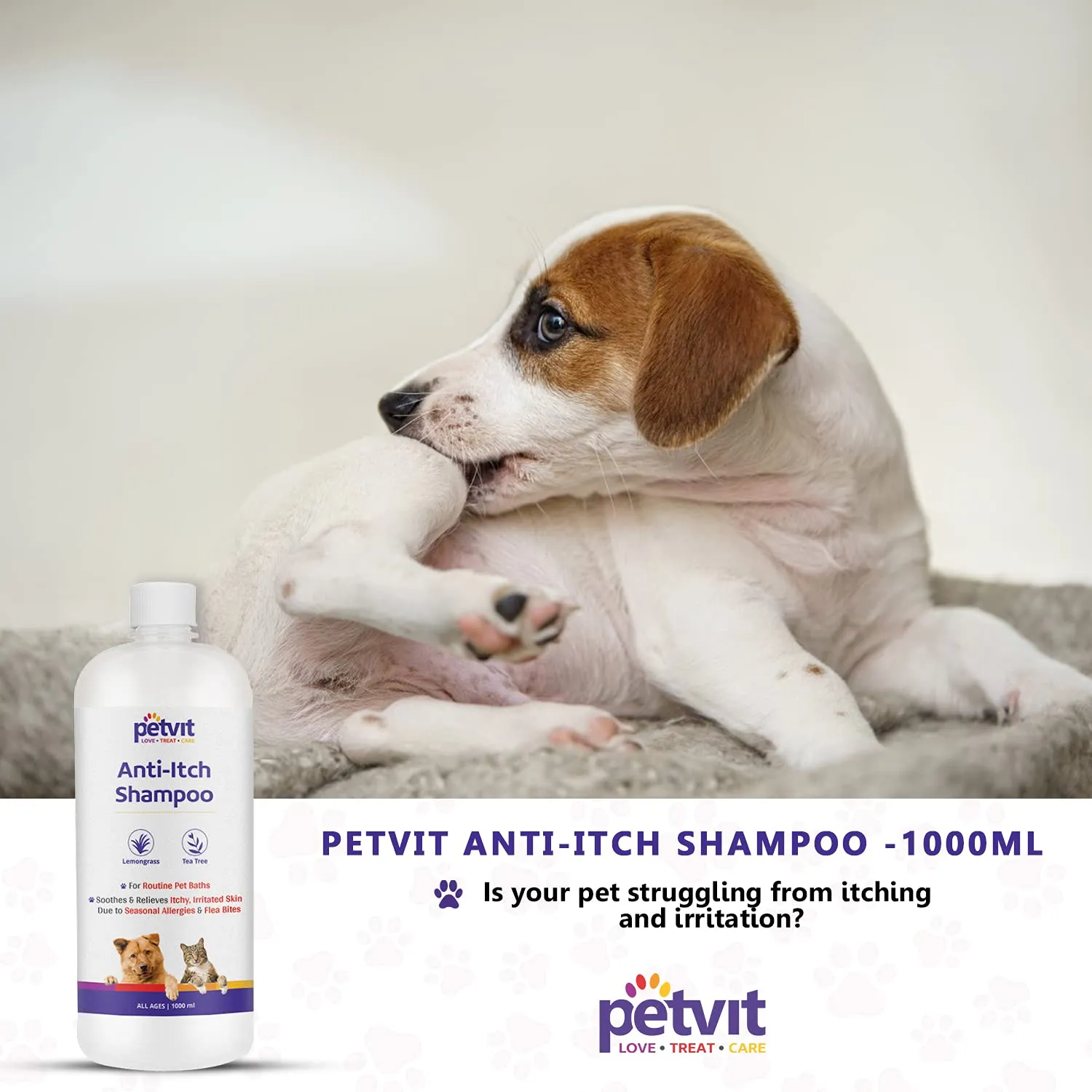 Petvit Anti Itch Shampoo | Tea Tree Oil & Lemon Grass Oil | Soothing Skin Care | Dogs and Cats - 1000ml