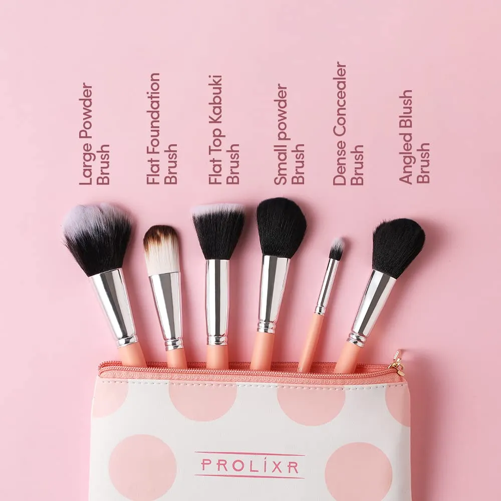 Prolixr Professional Face Makeup Brush Set - With Prolixr's Pink Pouch - For Foundation, Contour, Blush, Concealer - Synthetic Makeup Brushes - Vegan & Cruelty Free - 6 Pieces